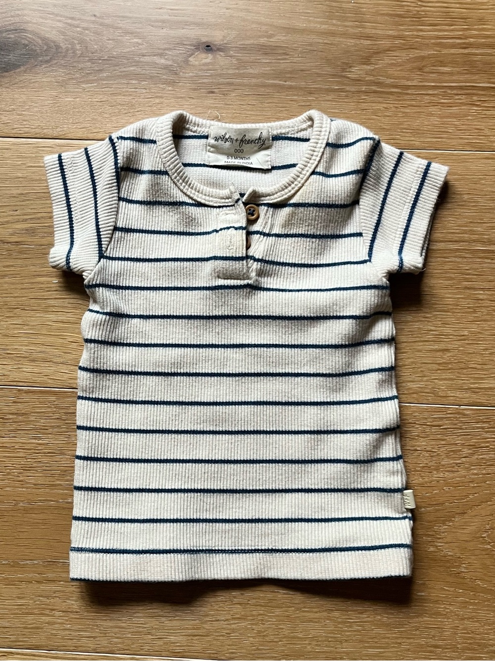 Australian brand Wilson + Frenchy Cream Navy Stripe Ribbed Short Sleeve 0-3mos